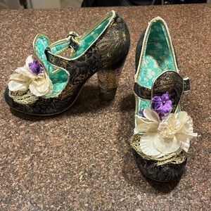 Irregular Choice Black Gold Floral Heels/6.5
